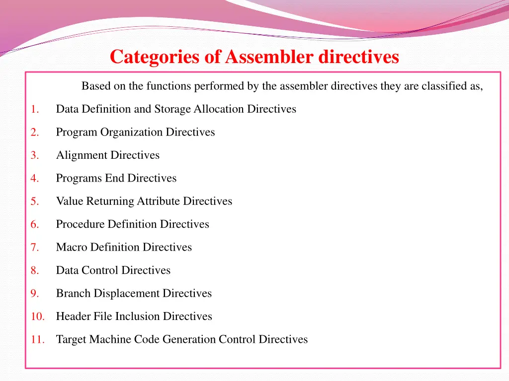 categories of assembler directives