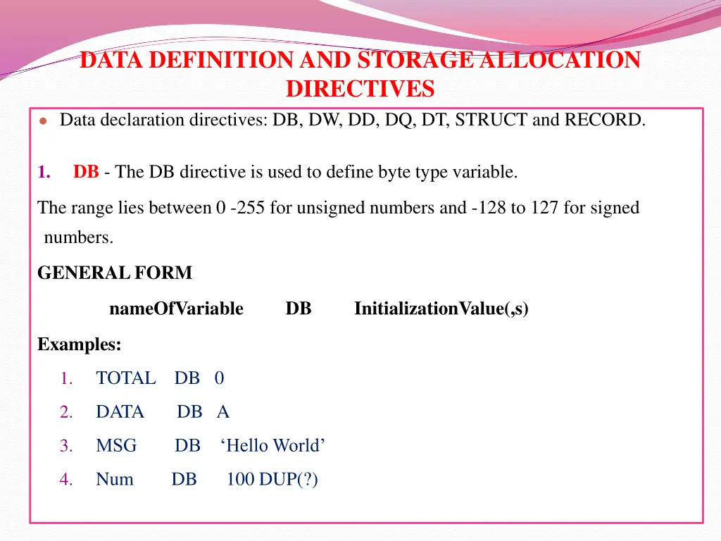 data definition and storage allocation directives