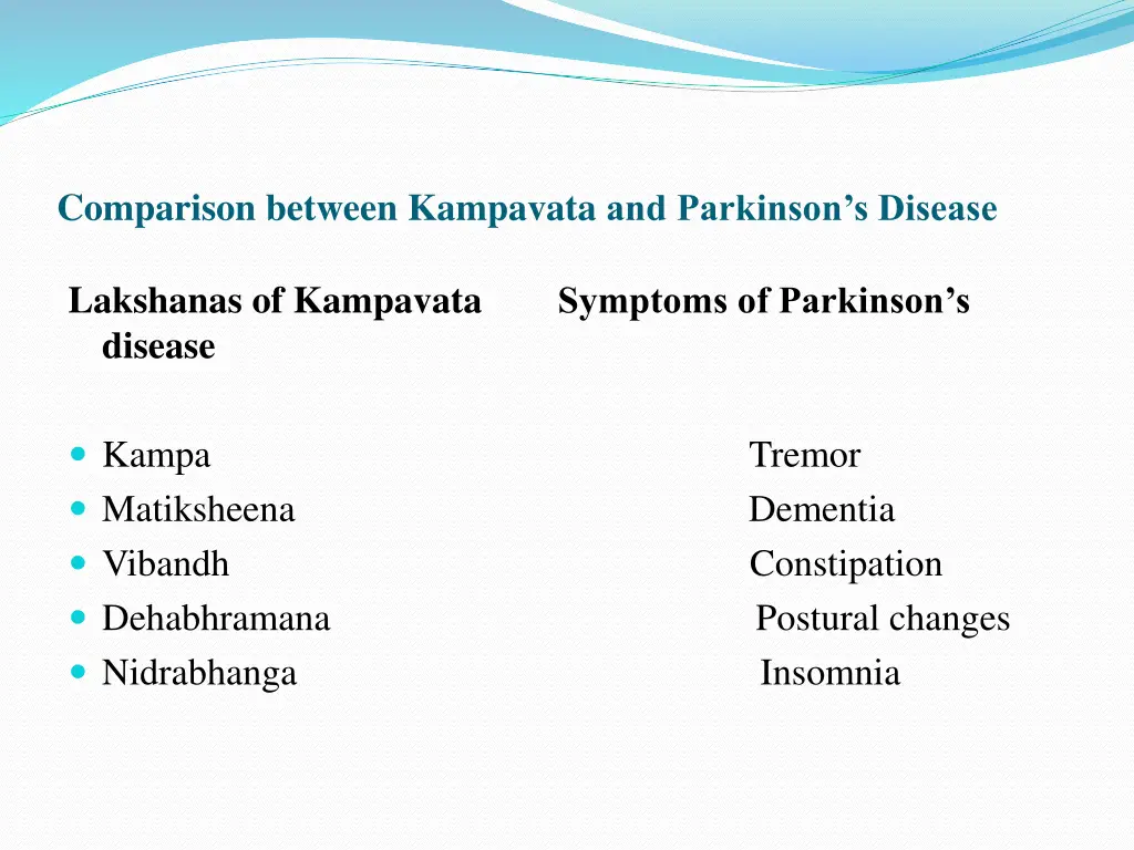 comparison between kampavata and parkinson