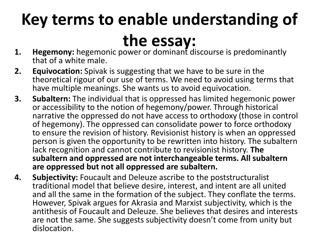 key terms to enable understanding of the essay