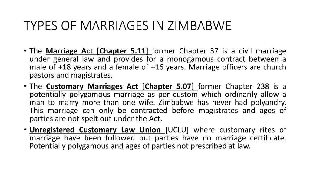 types of marriages in zimbabwe