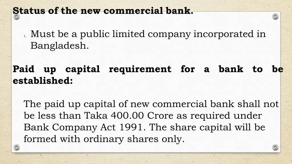 status of the new commercial bank