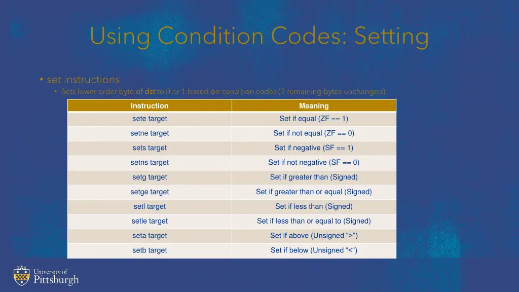 using condition codes setting