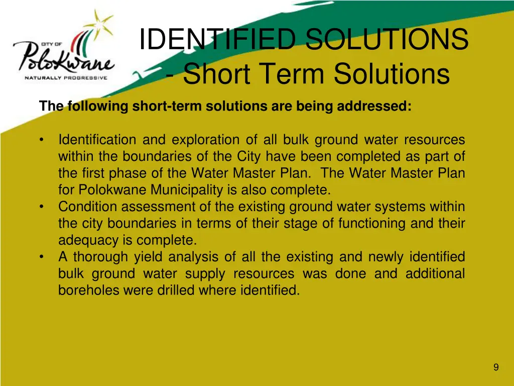 identified solutions short term solutions