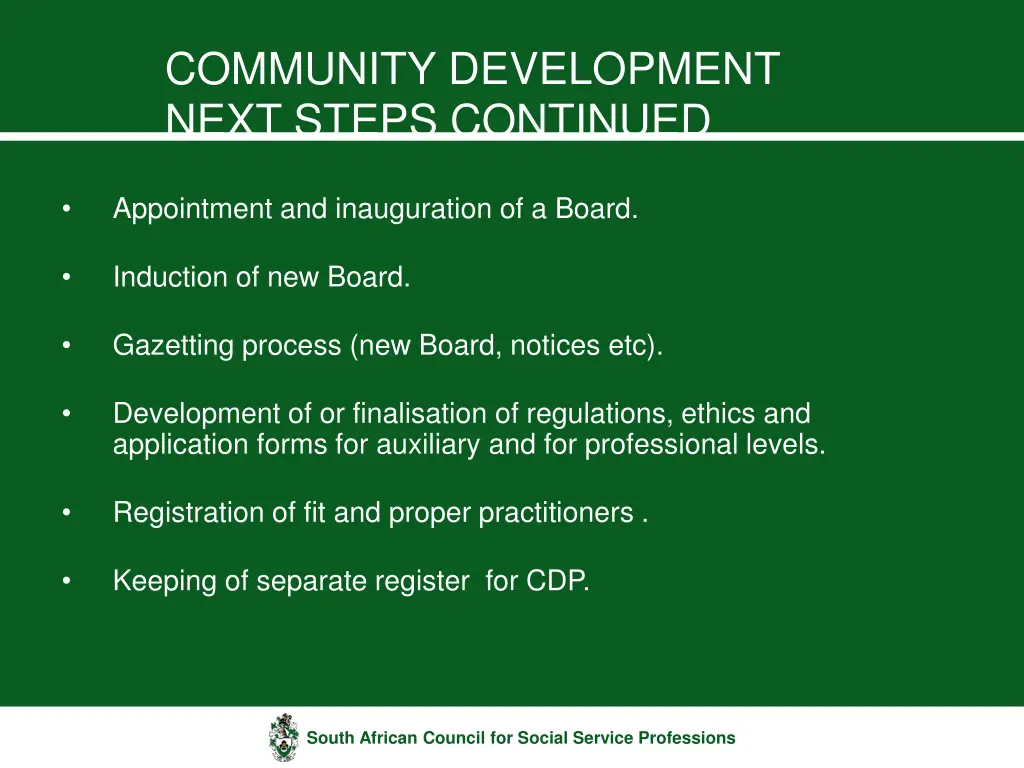 community development next steps continued