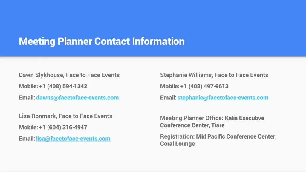 meeting planner contact information