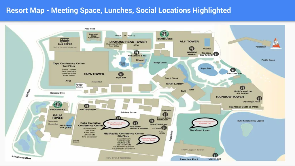 resort map meeting space lunches social locations