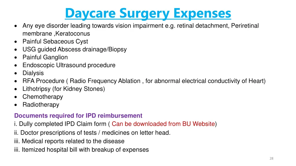 daycare surgery expenses any eye disorder leading