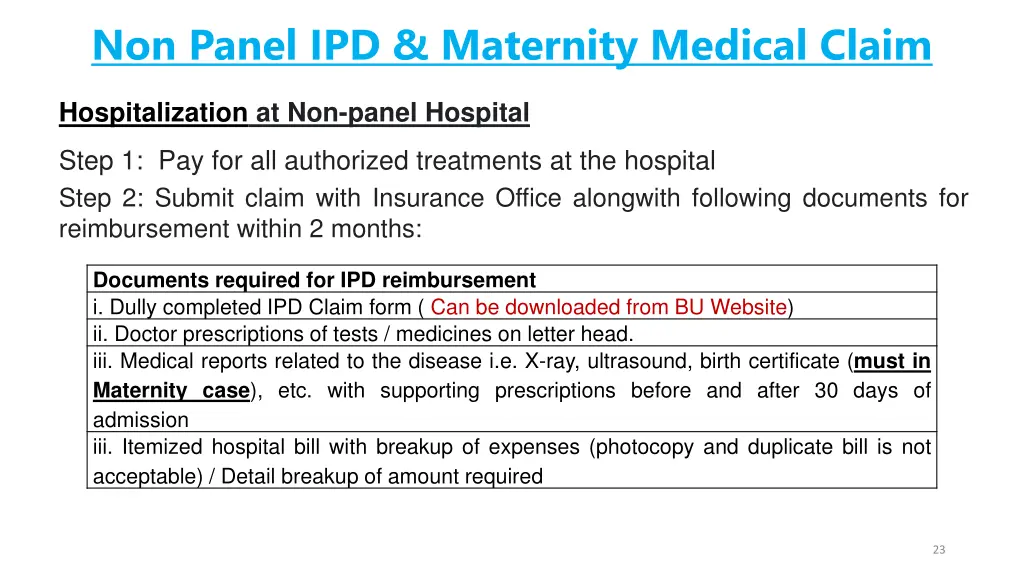 non panel ipd maternity medical claim