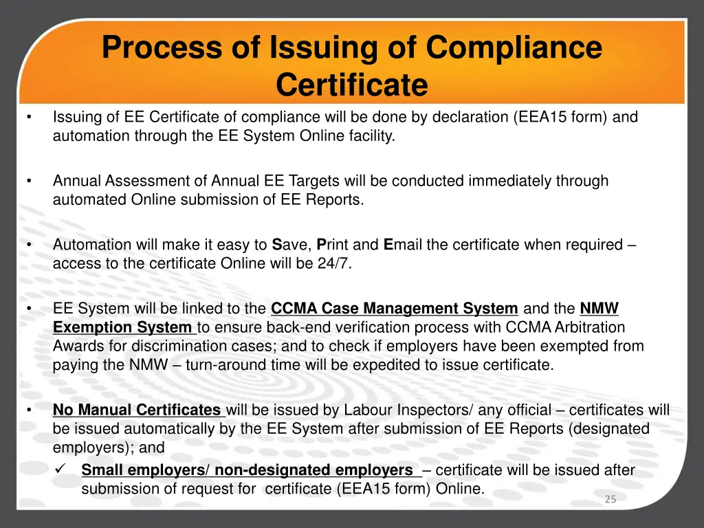 process of issuing of compliance certificate