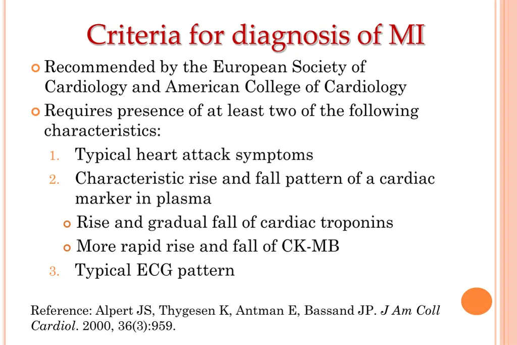 criteria for diagnosis of mi