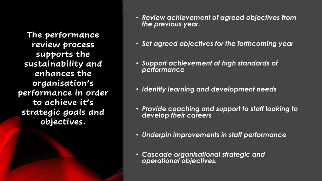 review achievement of agreed objectives from