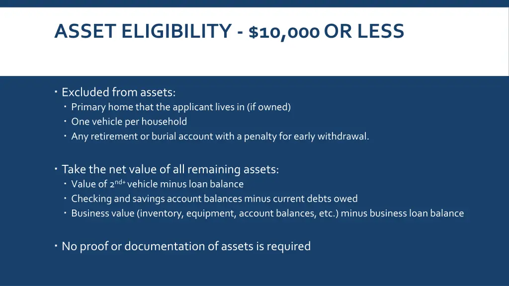 asset eligibility 10 000 or less