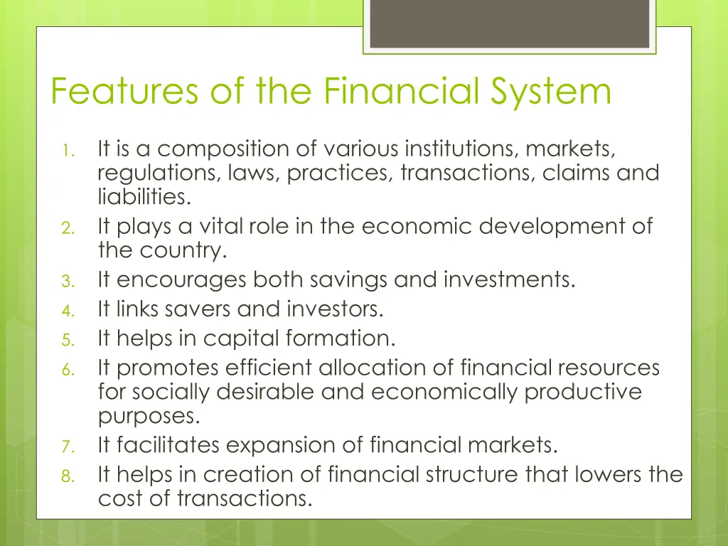 features of the financial system