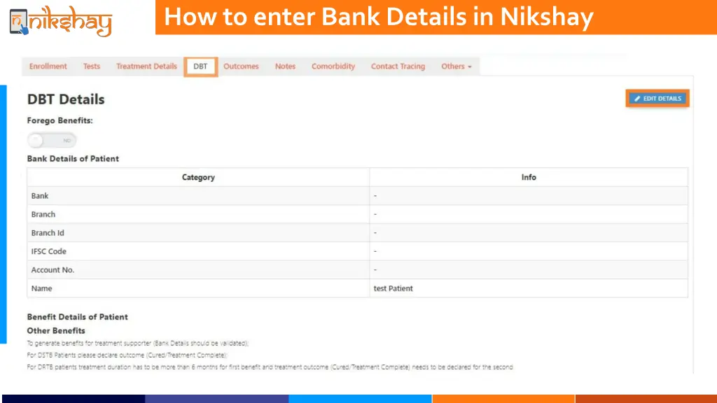 how to enter bank details in nikshay