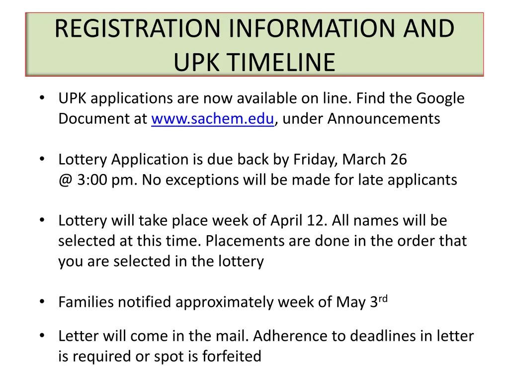 registration information and upk timeline