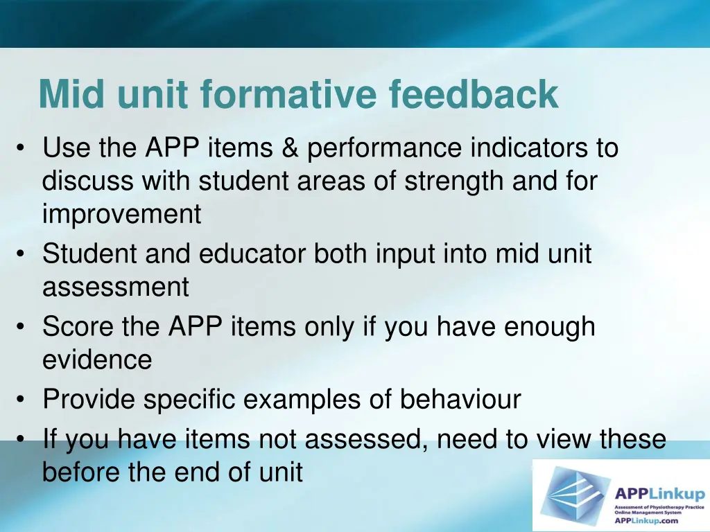 mid unit formative feedback use the app items