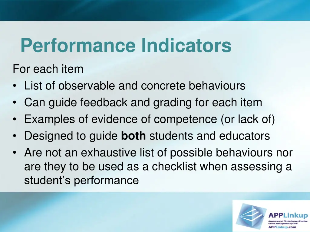 performance indicators for each item list