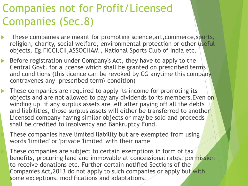 companies not for profit licensed companies sec 8