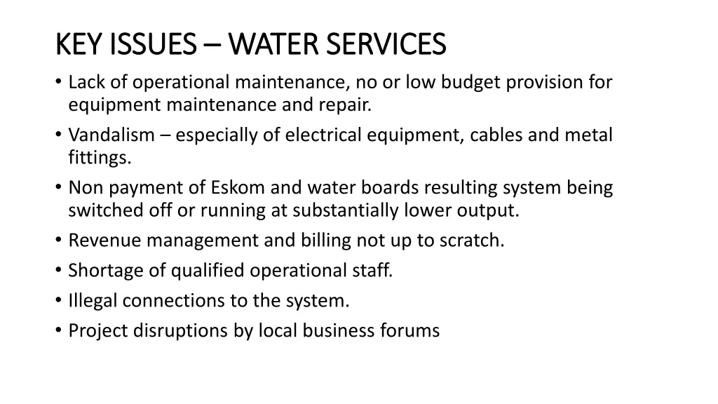 key issues key issues water services water