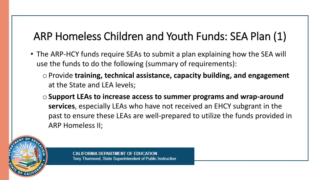 arp homeless children and youth funds sea plan