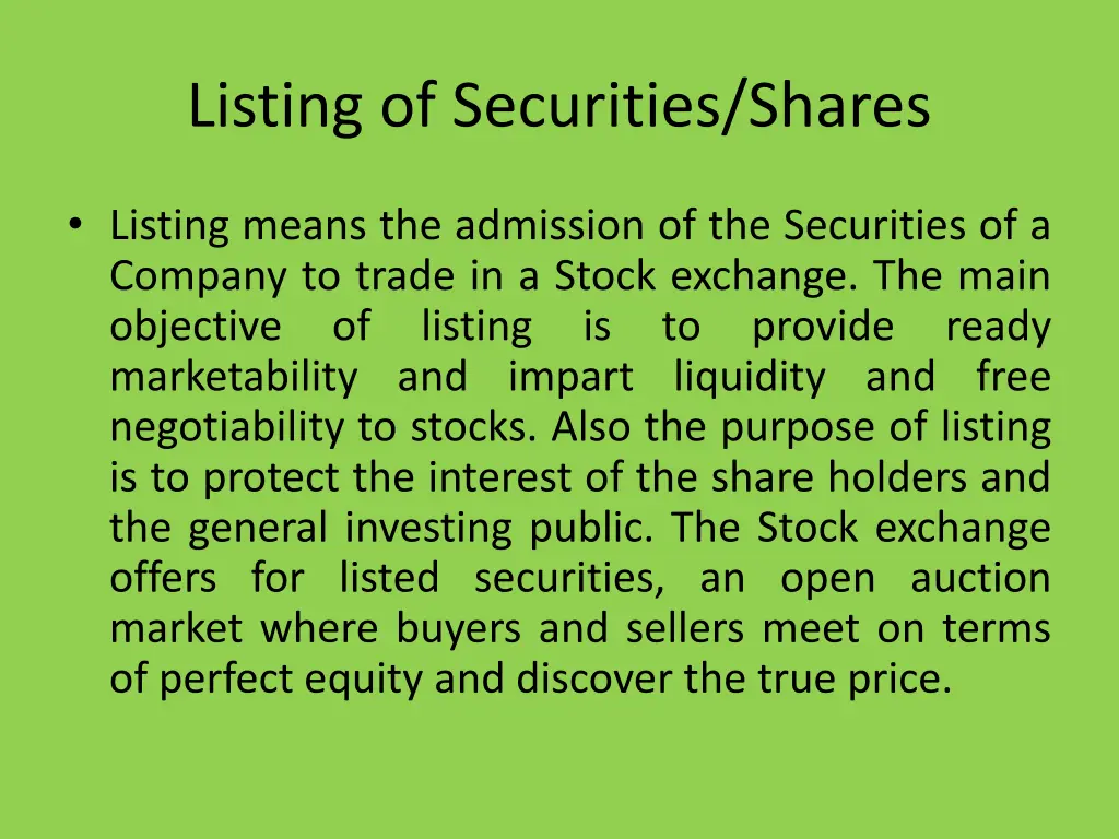 listing of securities shares