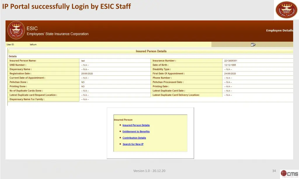 ip portal successfully login by esic staff