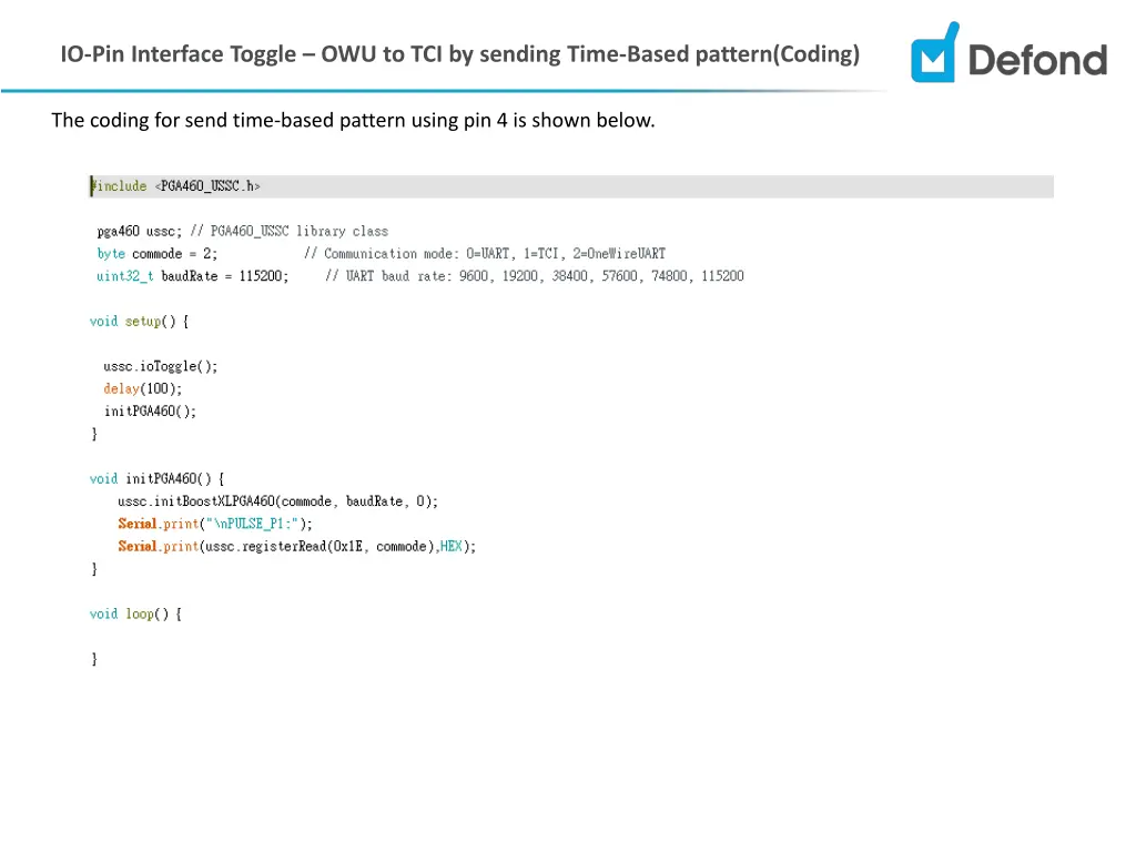 io pin interface toggle owu to tci by sending 2