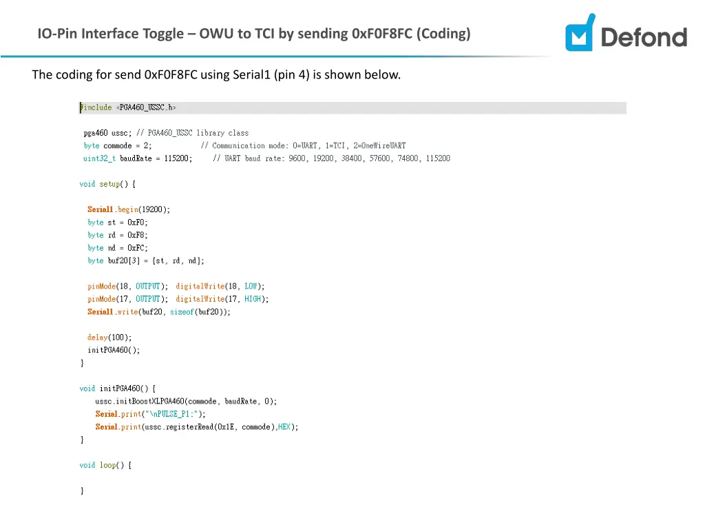 io pin interface toggle owu to tci by sending