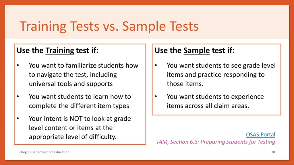 training tests vs sample tests