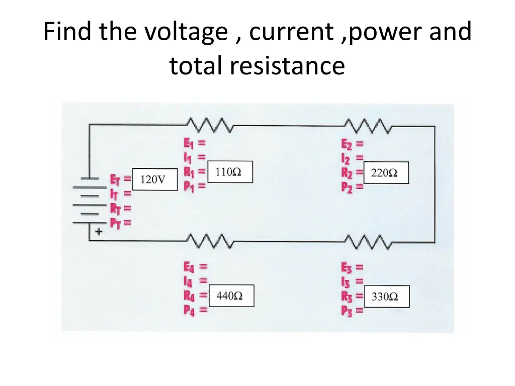 find the voltage current power and total