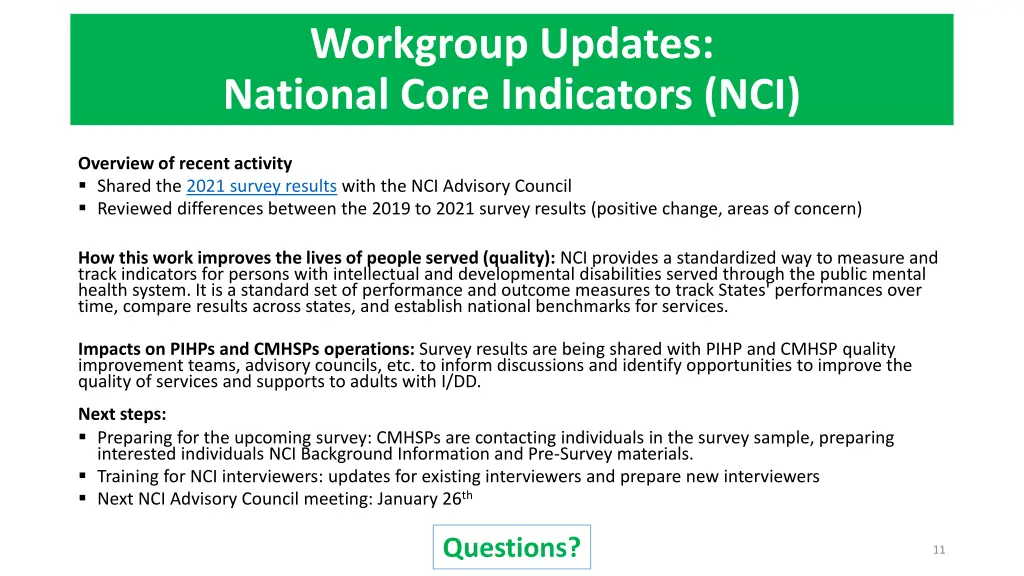 workgroup updates national core indicators nci