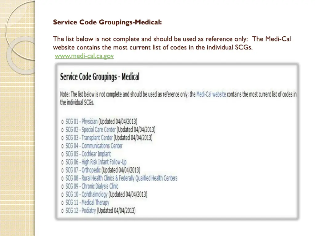 service code groupings medical