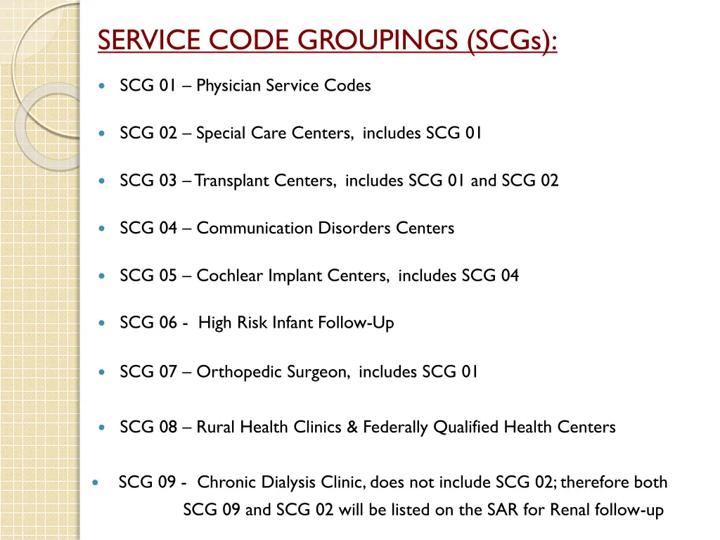 service code groupings scgs