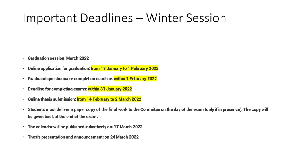 important deadlines winter session