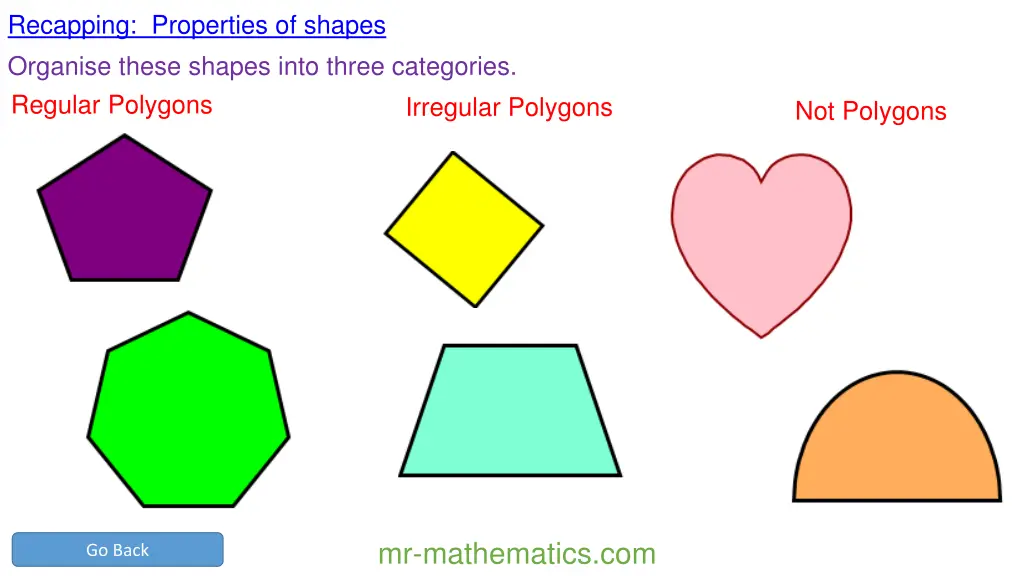 recapping properties of shapes organise these 1