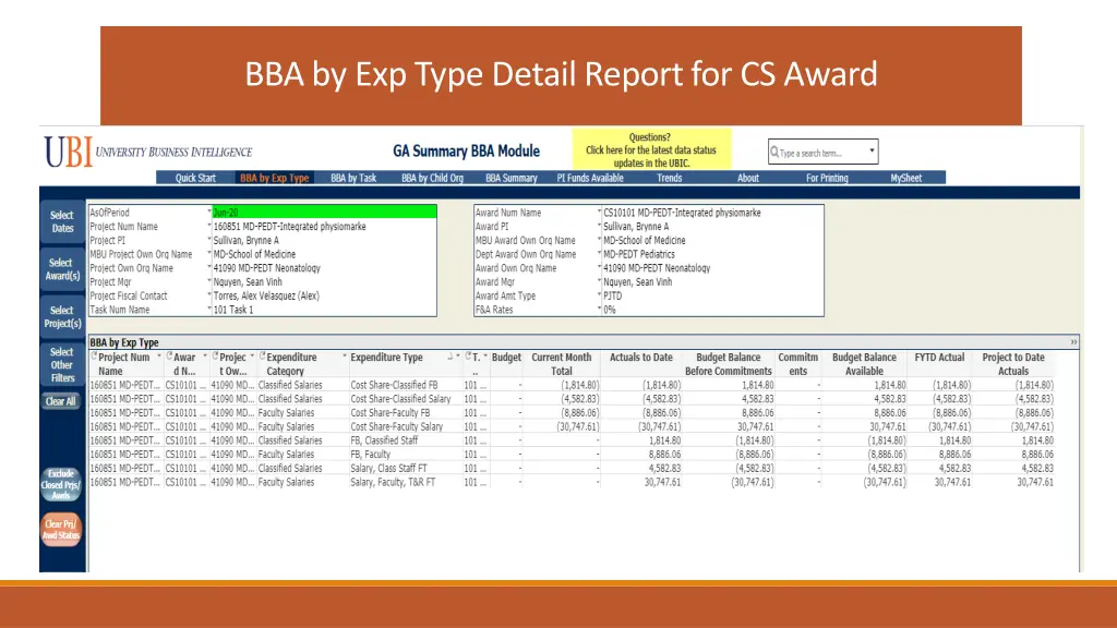 bba by exp type detail report for cs award