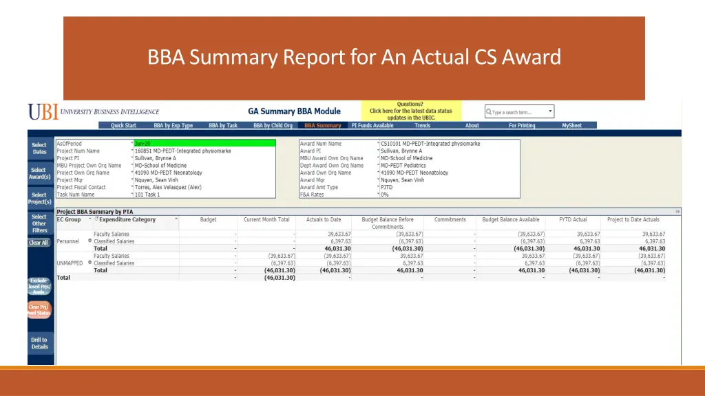 bba summary report for an actual cs award