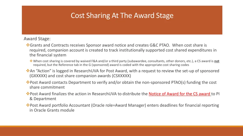 cost sharing at the award stage