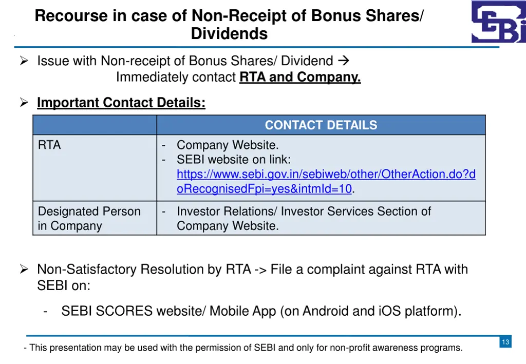 recourse in case of non receipt of bonus shares