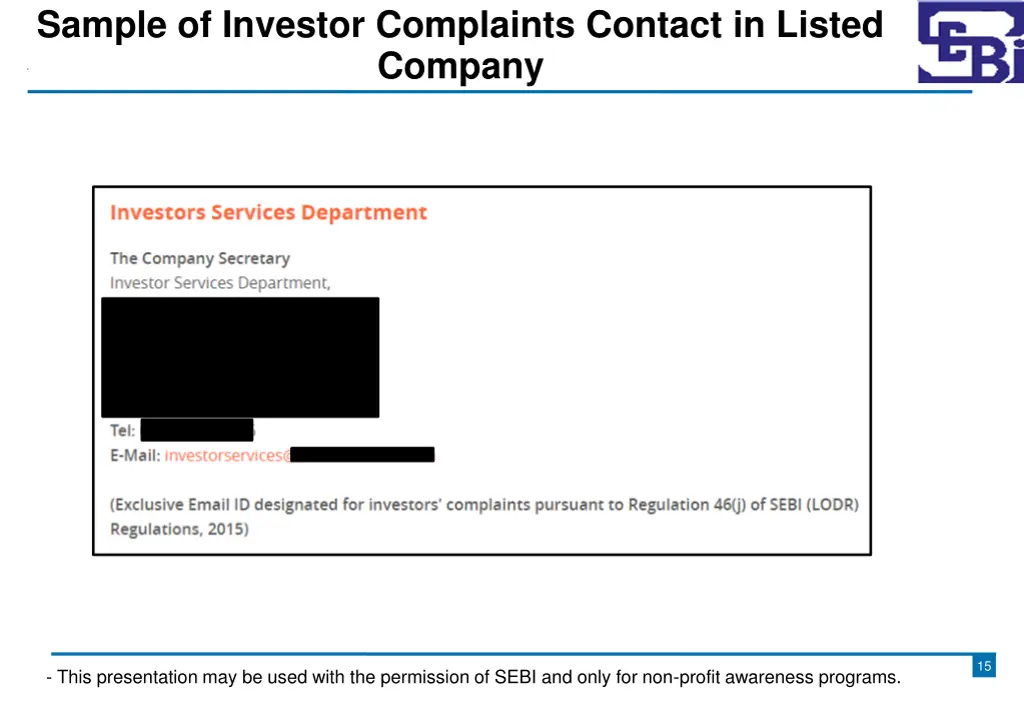 sample of investor complaints contact in listed