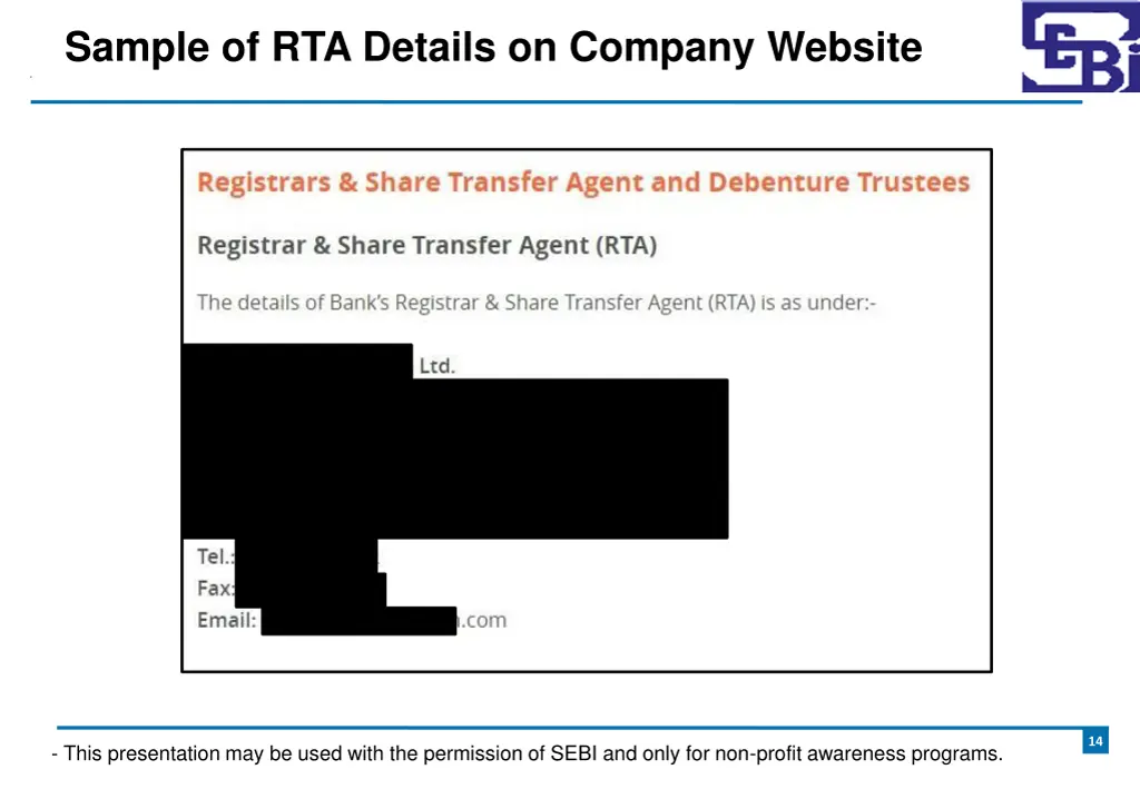 sample of rta details on company website