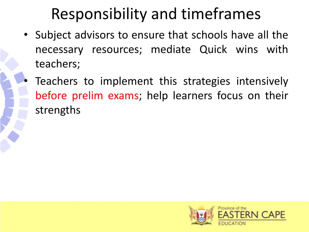 responsibility and timeframes subject advisors