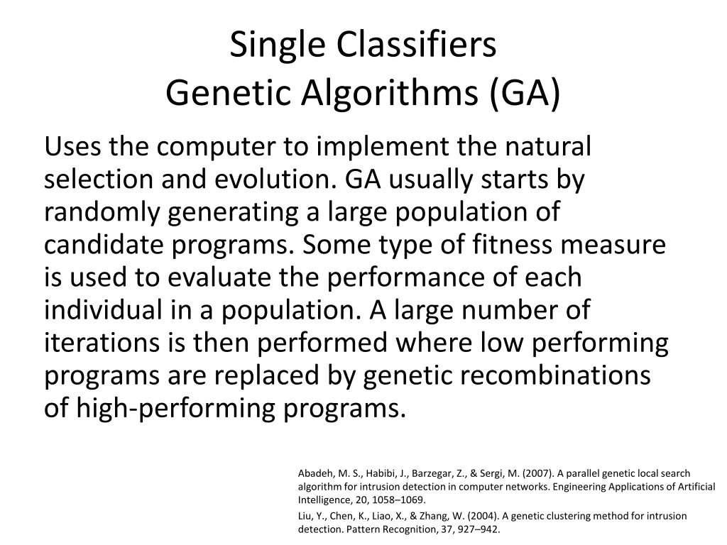 single classifiers genetic algorithms ga