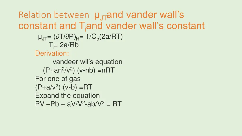 relation between jt and vander wall s constant