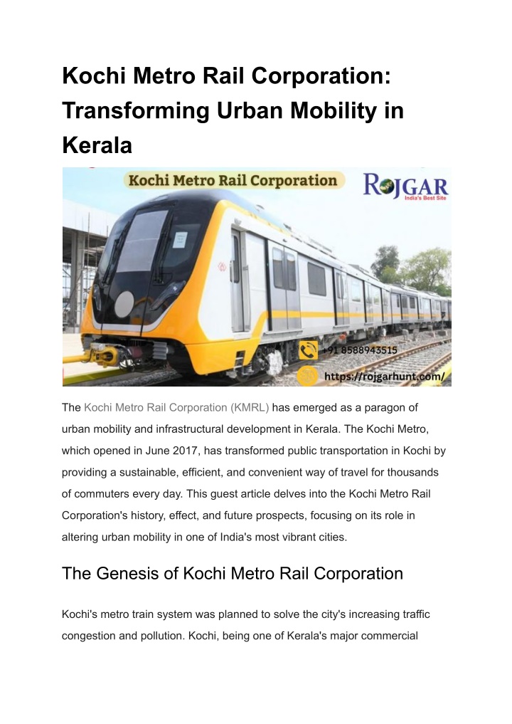 kochi metro rail corporation transforming urban