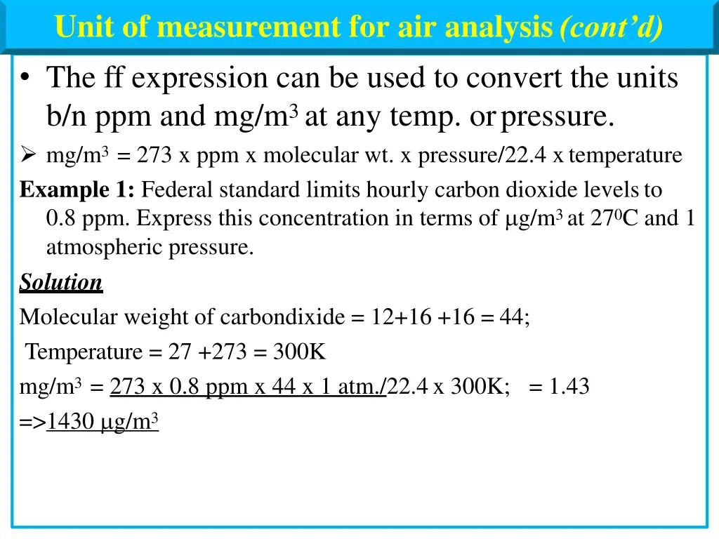 unit of measurement for air analysis cont d