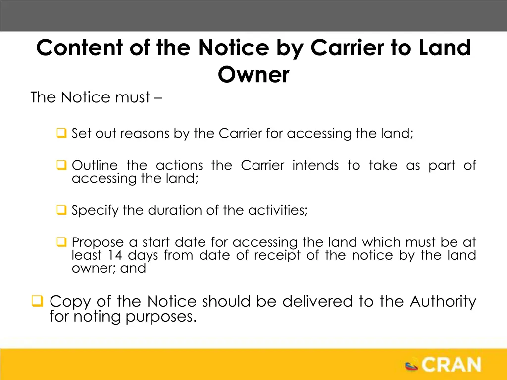 content of the notice by carrier to land owner