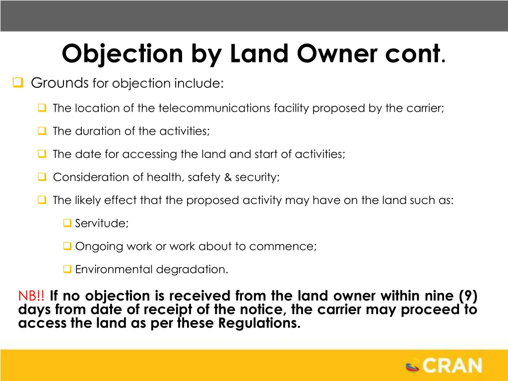 objection by land owner cont grounds