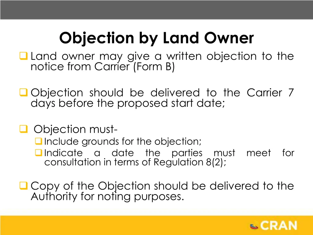 objection by land owner land owner may give